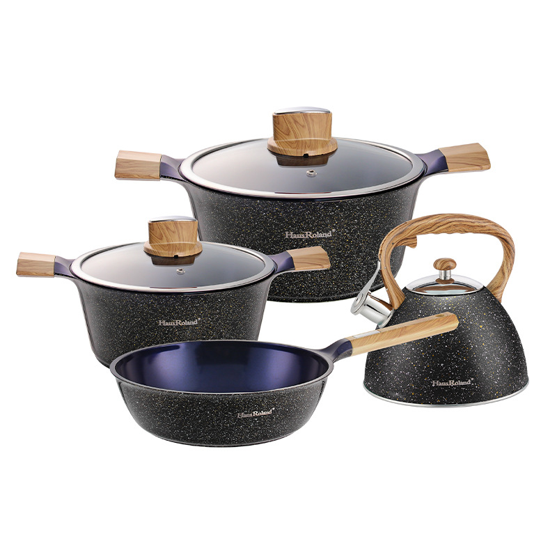 Olla antiadherente, olla de aluminio, olla de hervidor, juego de sartén, juego de 7 piezas, utensilios de cocina de exportación para el hogar, combinación de olla de sopa, sartén de gas transfronteriza