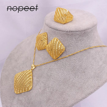 NOPEET Dubai 24K Gold Jewelry Set African Indian Ladies Bridal Necklace Pendant Earrings Ring Gift