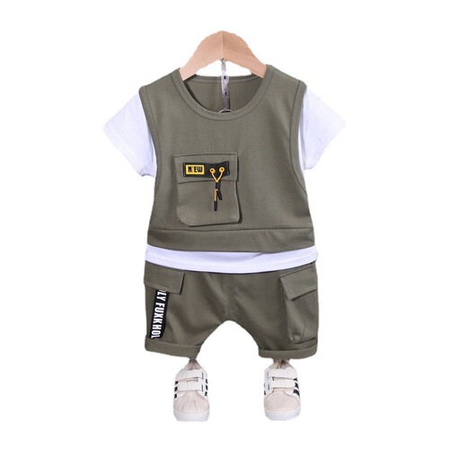 Foreign trade children's clothing manufacturer wholesale boys' summer clothing spliced ​​short-sleeved children's fashion vest sports children's suit two-piece set