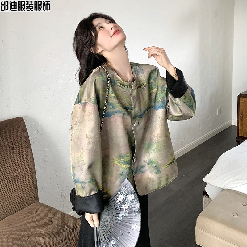 青绿山水国风新中式皮衣外套女2025春装新款小众高级感皮夹克上衣|undefined