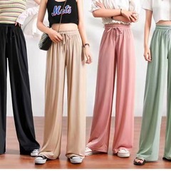 女性用アイスシルクワイドレッグパンツ2021春夏ハイウエストルーズ薄手ストレートカジュアルフロアレングスパンツ女性用脚長効果
