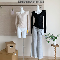 通勤显瘦日常简约半开扣肌理长袖T恤女修身显瘦上衣