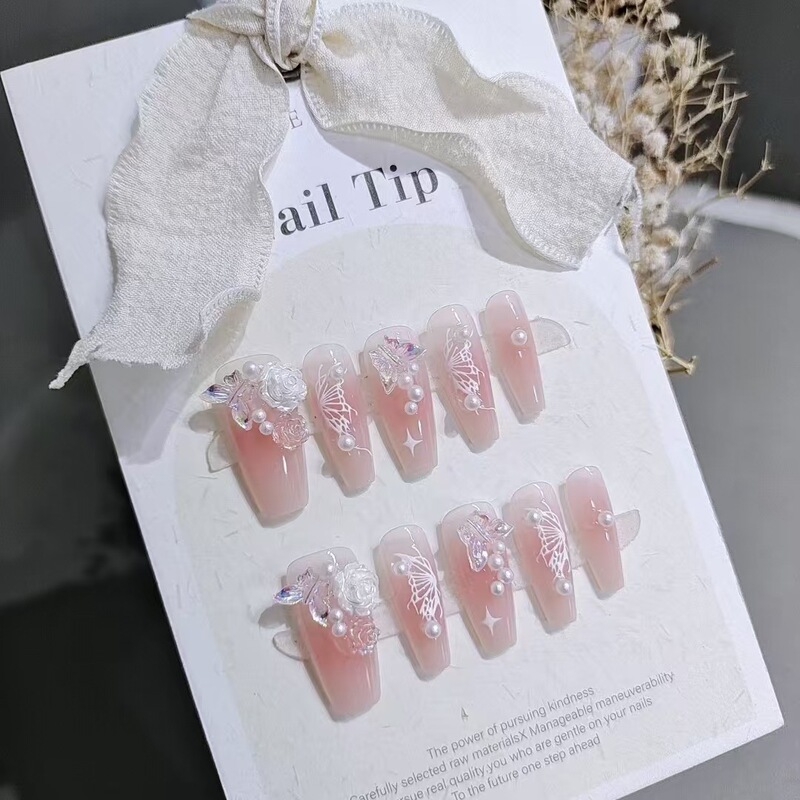 Wearing 10 pieces of S153 pink camellia ladder girl cute fashion gentle white butterfly manicure fake nails