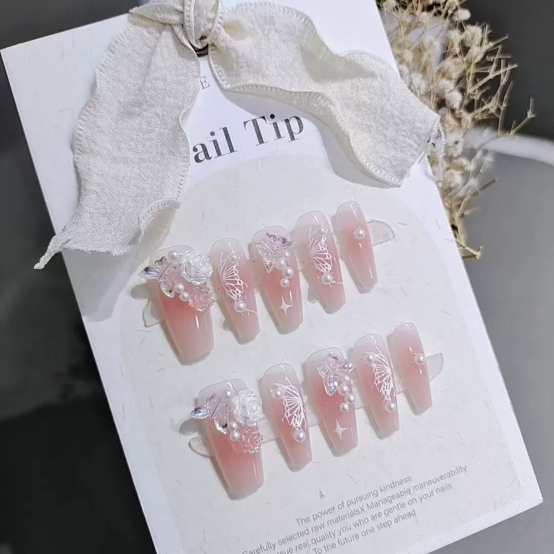 穿戴甲10片S153粉色山茶中梯少女可爱时尚温柔显白蝴蝶美甲假指甲