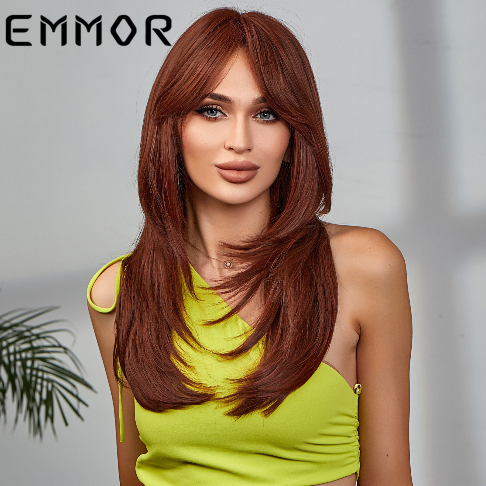 EMMOR Amazon nuevo gradiente de longitud media multicolor de ocho caracteres Bangs europeo y americano de fibra química de alta temperatura Peluca de seda cabeza completa