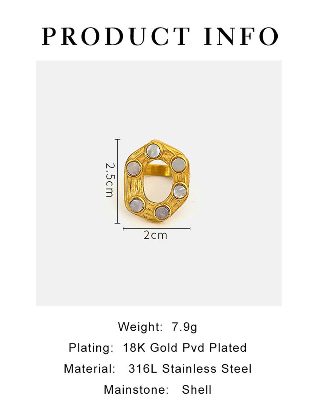 11g Weight 18K Gold Plated Plating Material Shell Inlay Material Rings Classification 7, 8 Ring Size 18K Gold Plated 316L Stainless Steel Shell Hexagon Waterproof Non Tarnish Surgical Steel Simple Style Rings For Women's