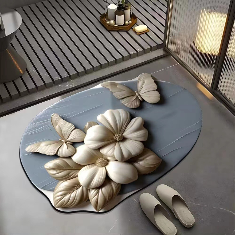 Visual 3D Flower Butterfly Diatom Mud Floor Mat Home Bathroom Non-Slip Absorbent Foot Mat Entrance Easy Care Foot Mat
