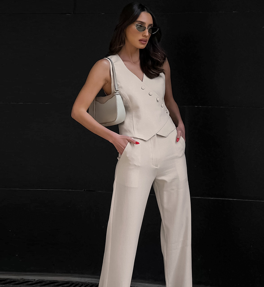 455g Weight Sleeveless Sleeve Length Cotton, Hemp Fabric Type Pant Co-ord Set Sets Type 2 Pieces Set Quantity Business, Daily, Formal Occasion V Neck Neckline Regular Fit Fit Type Solid Color Pattern Summer Season Women's Gender Button Design Streetwear Style Business Daily Formal Women's Streetwear Solid Color Cotton Hemp Button Pant Co-ord Set Pants Sets 17