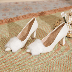 716-J46尖頭秋冬新款粗跟軟皮軟面高跟鞋加絨外穿毛毛鞋氣質女鞋