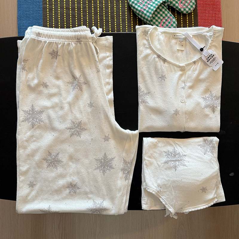 Skims Same Style Modal Snowflake Three-Piece Set Spring and Autumn Pajamas for Women Long-Sleeved Long Pants Set Home Wear Light Luxury Summer