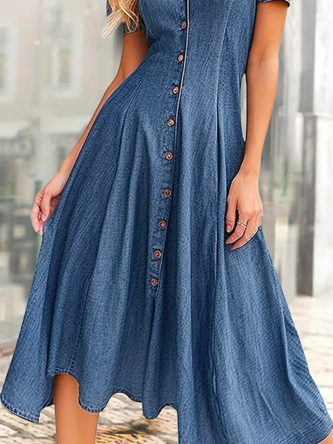 Loose Version Solid Color Pattern Summer Season Women's Gender Casual Style Wholesale Women's Casual Solid Color Street Turndown Short Sleeve Denim Dress