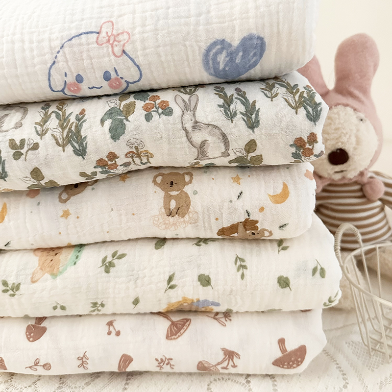 双层纱水洗褶皱布料婴儿卡通面料睡衣口水巾浴巾被套布料