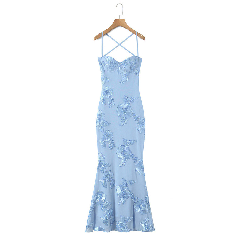 Flocked Strapless Fishtail Dress with Low Back and Cross Straps, Slim Fit and Sexy, Elegant Evening Gown
