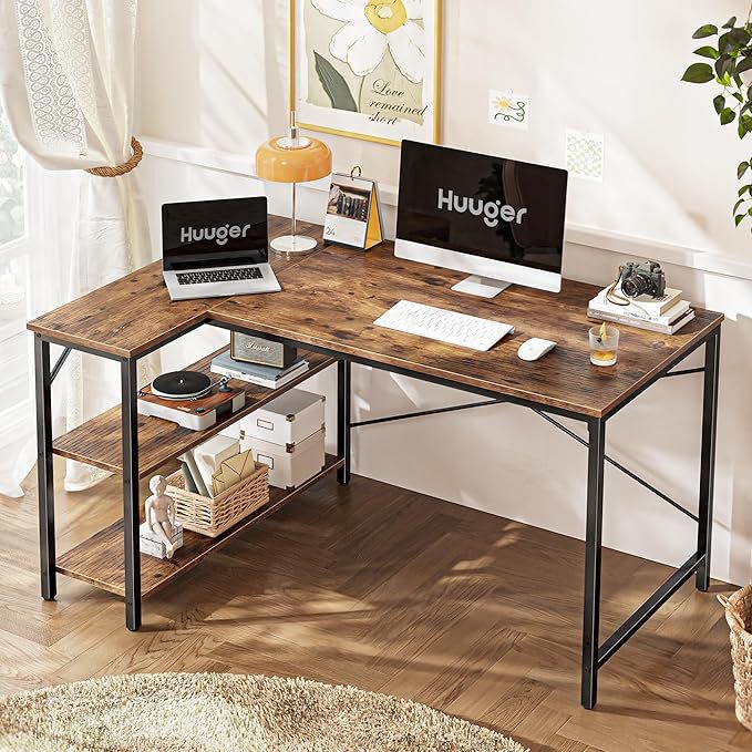 L-Shaped Desk Computer Desk with Double-Sided Storage Shelves Gaming Desk Corner Desk Home Office Desk Writing Desk