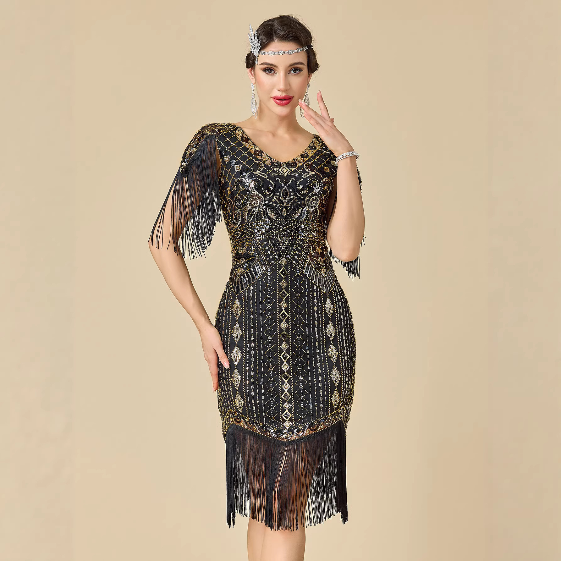 Sequin Short-Sleeved Dress 1920S Retro Gatsby Ball Gown Tassel Plus Size Dress Amazon Cross-Border