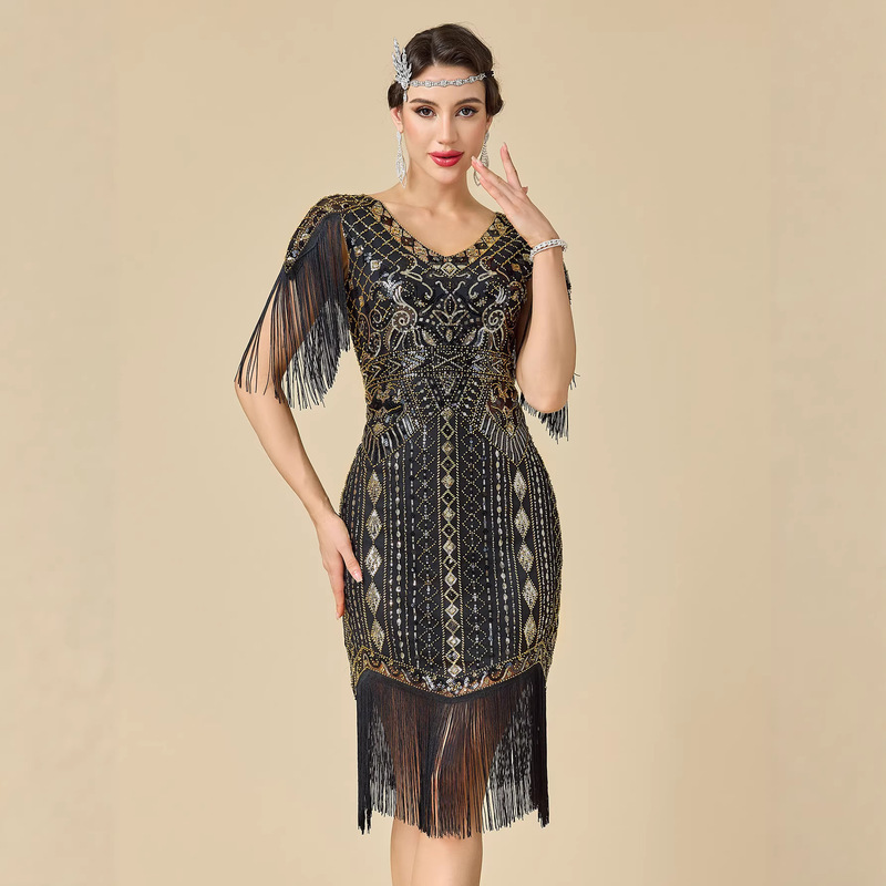 Sequin Short-Sleeved Dress 1920S Retro Gatsby Ball Gown Tassel Plus Size Dress Amazon Cross-Border Sequin Short-Sleeved Dress 1920S Retro Gatsby Ball Gown Tassel Plus Size Dress Amazon Cross-Border