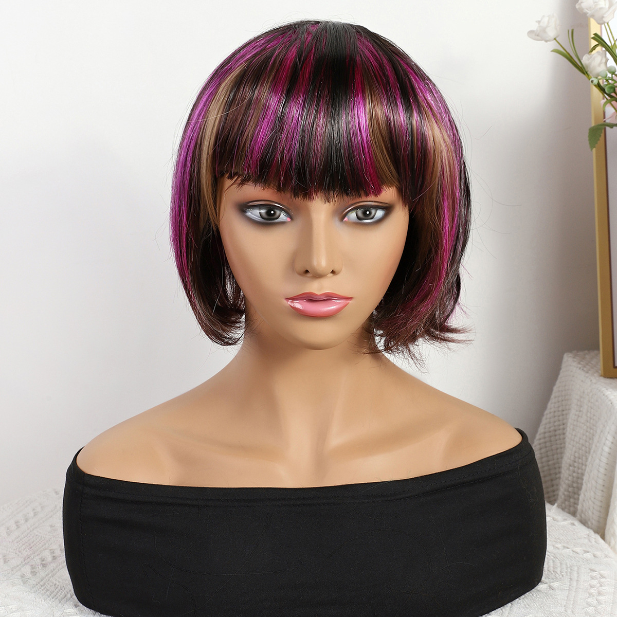 Transfronterizo nuevo polvo marrón mezcla de color gradiente largo recto 12 pulgadas sin encaje pelo recto europeo y brasileño peluca