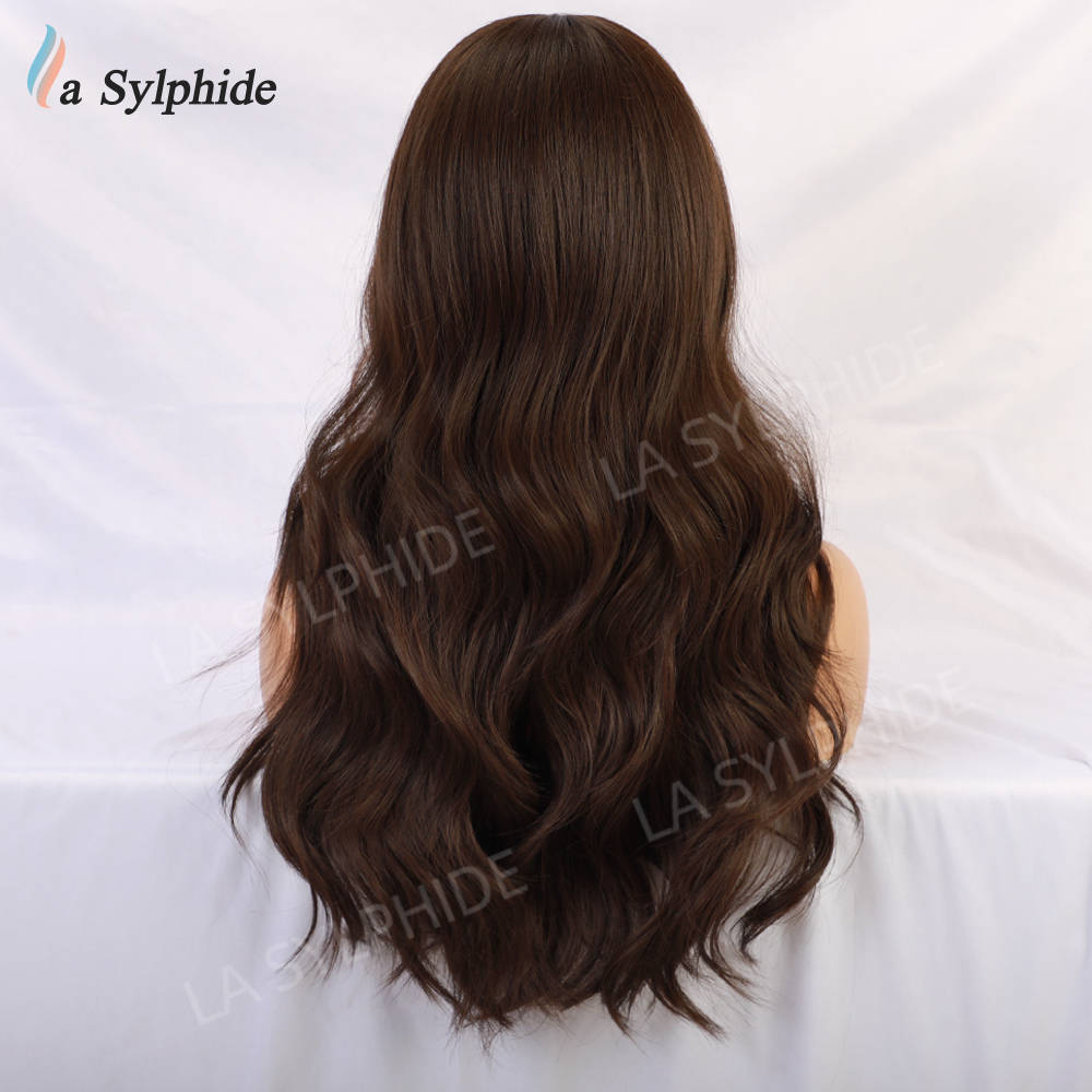 European and American wig female wig dark brown neat bangs long curly hair chemical fiber mechanism hair cross-border wig headgear