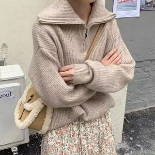 2024新款韩版拉链翻领立领毛衣女加厚宽松慵懒风高领毛衣外套潮