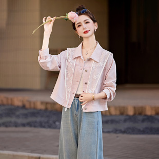 Spring 2025 New Hong Kong Style Retro with Silk Scarf Short Long Sleeve Loose Jacket Denim Jacket Women's HF25813