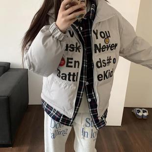Internet Celebrous Same Style Fashion Brand American Style Fake Two-piece Plaid Cotton-padded Jacket Winter Couple Badge Cotton-padded Coat Bread Suit for Men and Women
