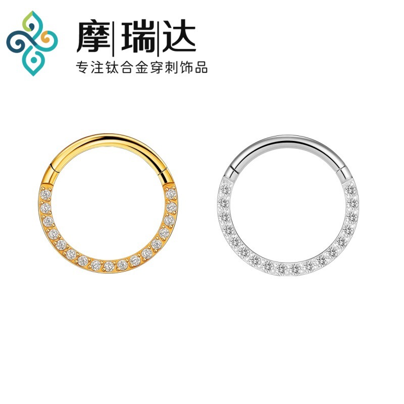 F136 Front-Mounted 5A Zircon Nose Ring Seamless Closed Ring Titanium Septum Piercing Ring G23 Titanium with Diamond Inlay