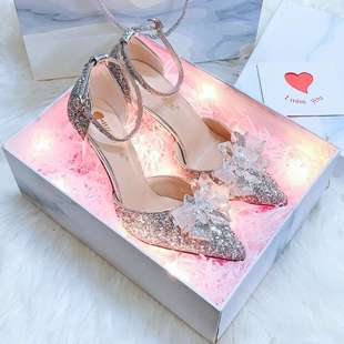 High-heeled shoes sandals temperament socialite high-class crystal sparkling buckle wedding princess red bridal shoes show he suit