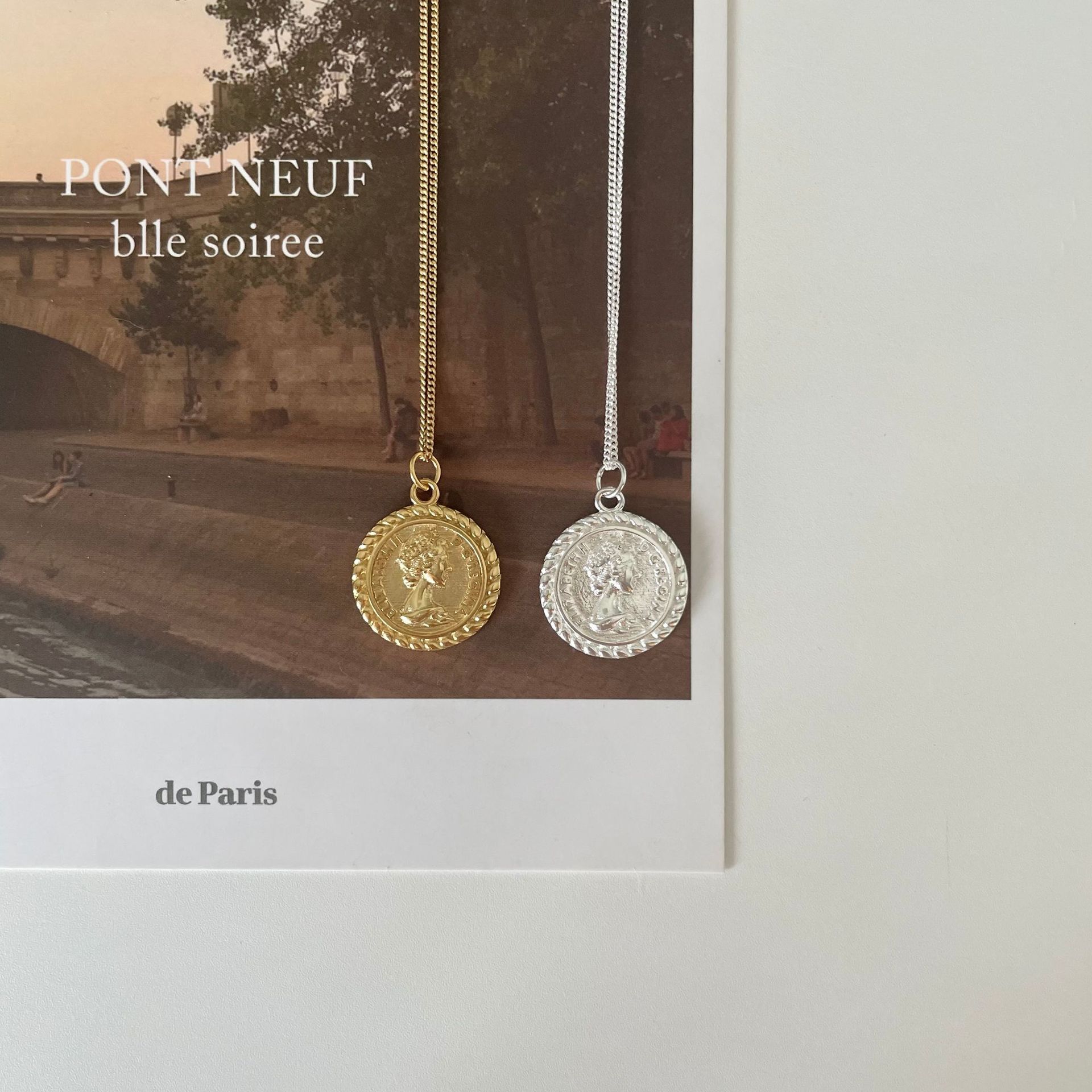 设计 韩国韩版925纯银 复古伊丽莎白圆型硬币吊坠项链