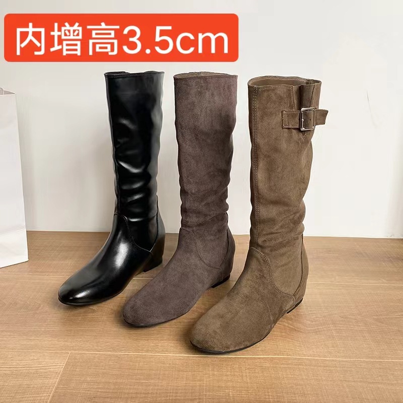 Stacked High Tube Knight Boots for Women, Round Toe, Suede, Mid-Heel, Vintage Western Cowboy Boots, Chunky Heel, Over-The-Knee, Slimming Long Boots