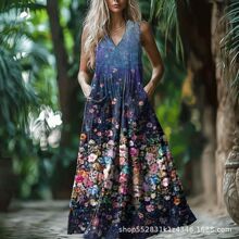 欧美亚马逊新款长袖连衣裙波西米亚度假风大摆裙印花连衣裙