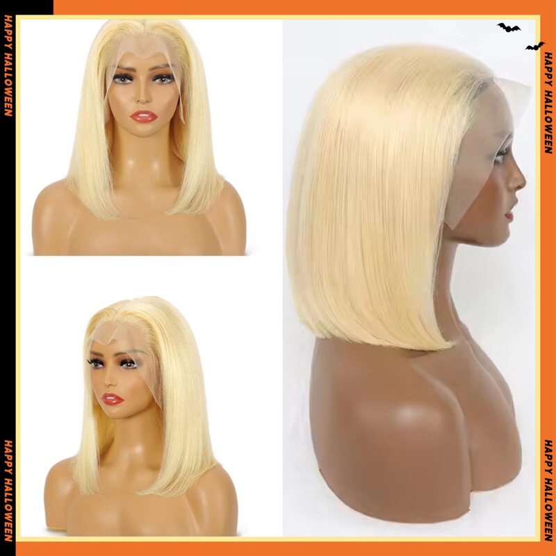 13*4 front lace bobo bob head 613 full human hair straight wig headgear cross-border European and American black blonde hair