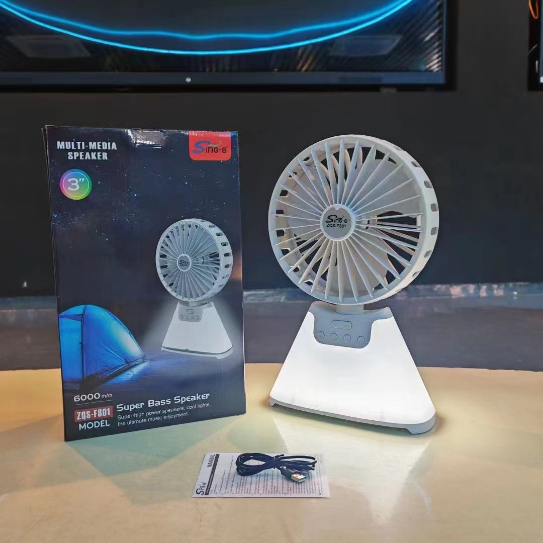 Altavoces Bluetooth ventilador de escritorio de verano carga tres velocidades de ajuste de iluminación de viento camping portátil al aire libre