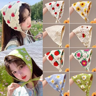 Handmade retro spring clock-in atmosphere travel triangle scarf sweet cute artistic headscarf girl pastoral style headdress