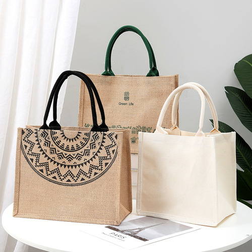Cotton Bag In Stock, Same As Mall Gift Handbag, Literary DIY Good Quality Linen Jute Bag, Zipper Canvas Bag
