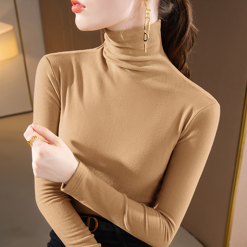 De Rong High-Neck Base Layer Shirt for Women 2025 Autumn and Winter Brushed Long-Sleeve T-Shirt Inner Top in Apricot Color De Rong High-Neck Base Layer Shirt for Women 2025 Autumn and Winter Brushed Long-Sleeve T-Shirt Inner Top in Apricot Color
