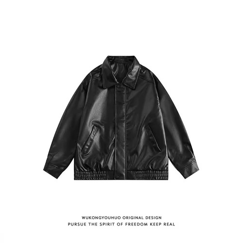 Wukong has goods trendy brand monochrome motorbike jacket for men and women American street loose matchable PU leather Maillard coat