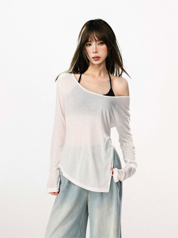 White Off-Shoulder Slanted Shoulder Ice Silk Sunscreen Knitted Blouse for Women Summer Thin Outer Wear Asymmetrical Long-Sleeved T-Shirt Top