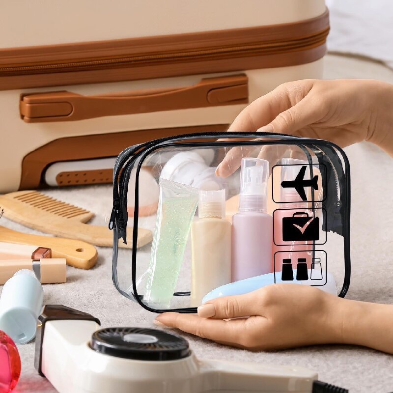 Amazon cruza fronteras para aviones de PVC impresión de maquillaje transparente bolsa de cremallera bolsa de lavado para diseñar