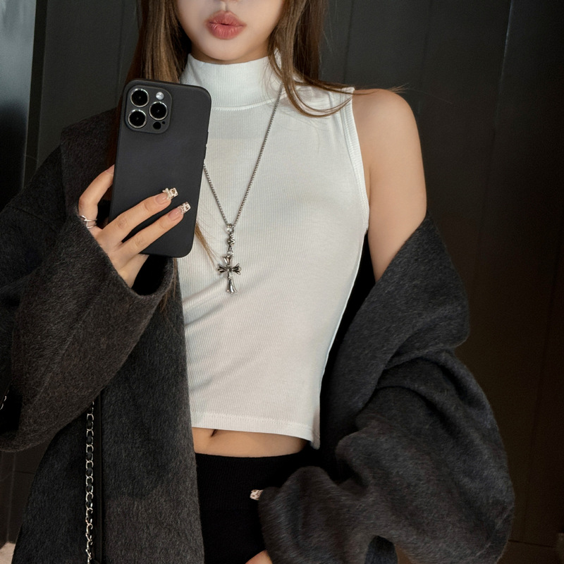 Carefully Selected Half Turtleneck Sleeveless Vest for Women in Autumn and Winter, High-End Inner Top Design, Threaded Bottoming Shirt T-Shirt