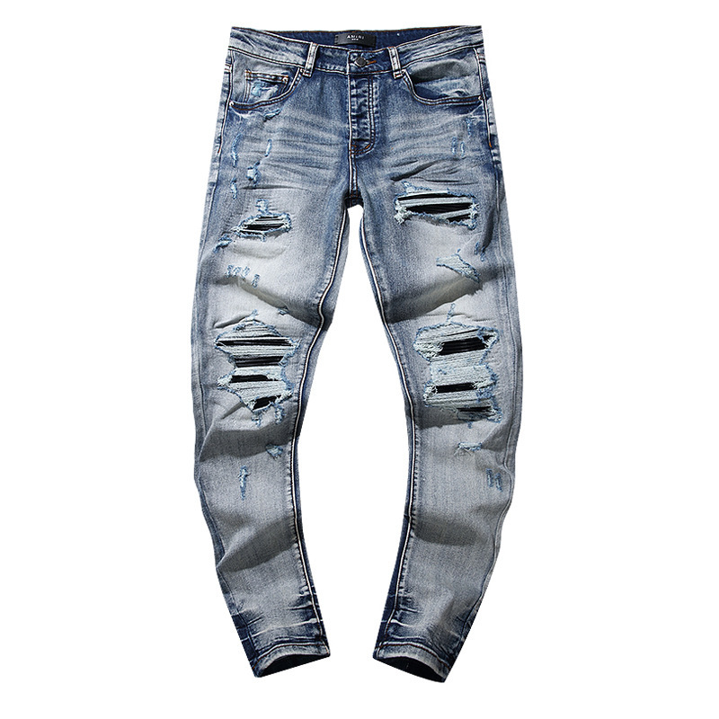 Calça jeans Amiri reta, estilo retrô, com rasgos e patches, roxa, da moda, para atacado transfronteiriço.