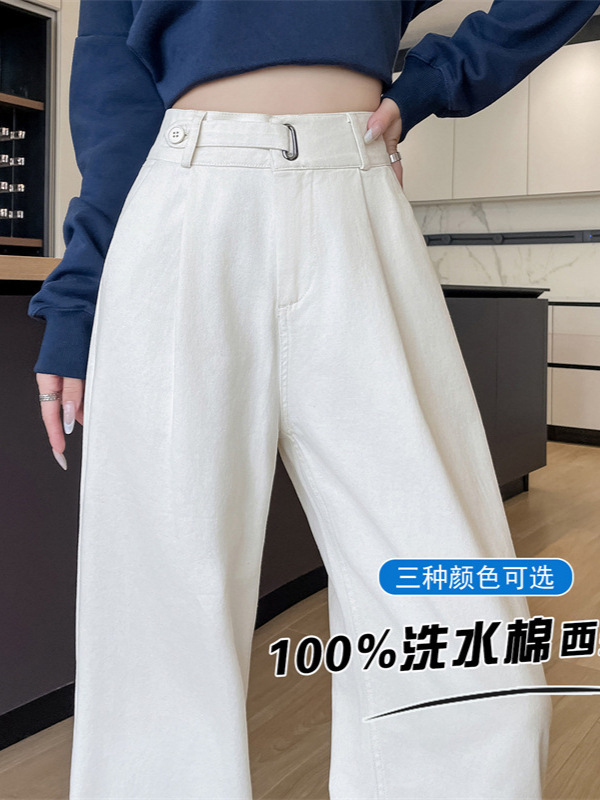 卡其色水洗棉窄版阔腿裤女秋季新款宽松显瘦小个子高腰直筒休闲裤|undefined
