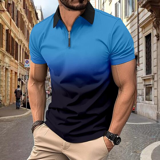 Cross-border Foreign Trade Explosions Men's Short-sleeved Zipper Polo Shirt Interface Color 3D Printing Business Fashion Casual Shirt