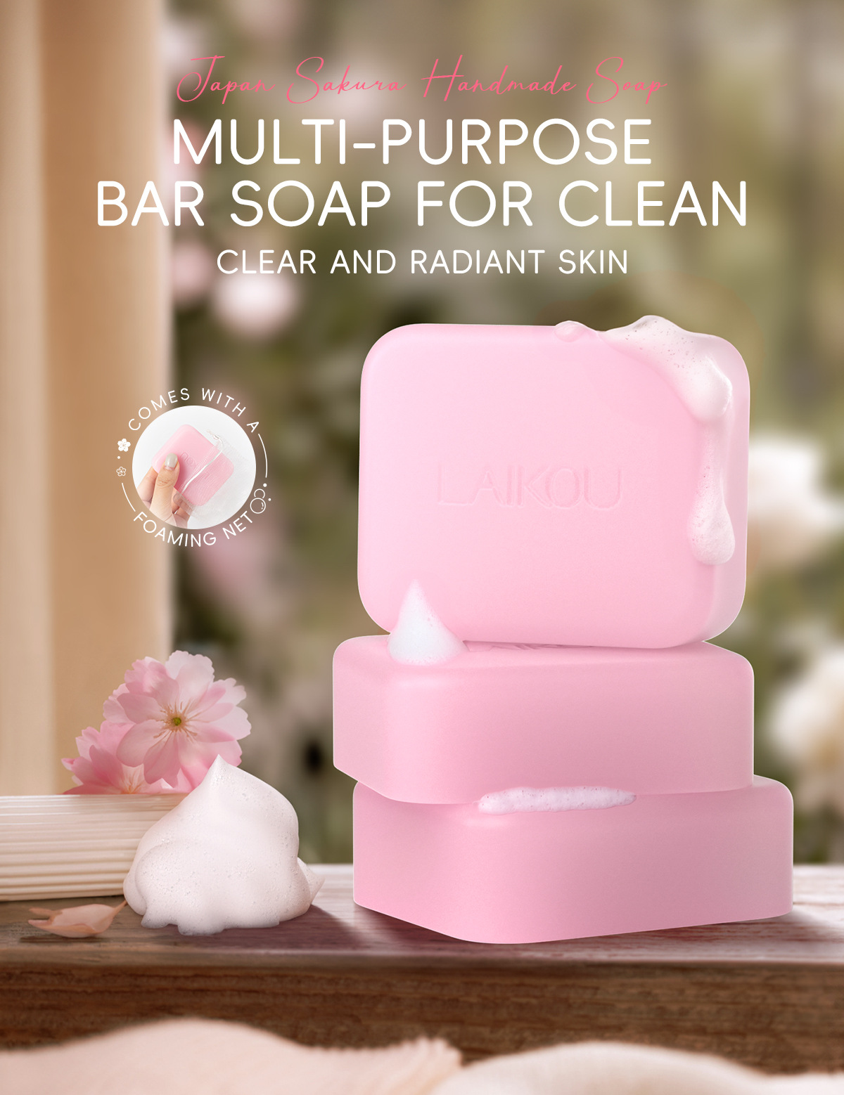 The new cross-border product LAIKOU Moisturizing and Cleaning Cherry Blossom Handmade Soap 110g is in stock and available for wholesale from the manufacturer. It comes in English packaging undefined