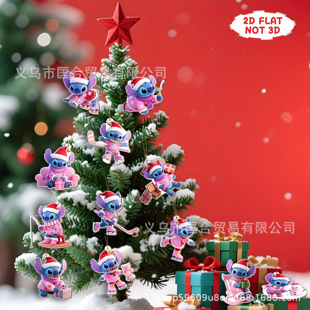 24 piezas de madera decoración de árbol de Navidad rosa sticky juego de dibujos animados de madera decoración de Navidad colgante
