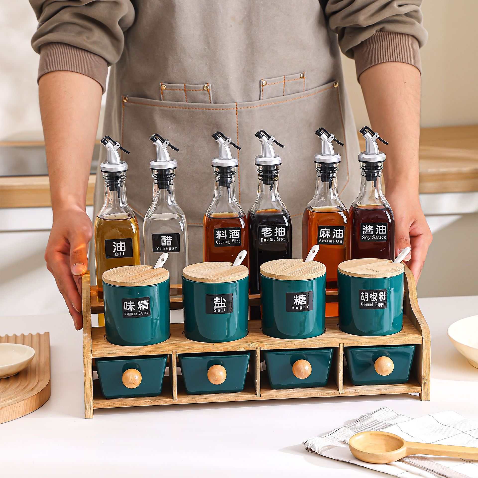 Botella de condimentos de vidrio nórdico, conjunto de botellas de condimentos de aceite de cocina, botella de condimentos de sal, azúcar, botella de cerámica, marco de almacenamiento