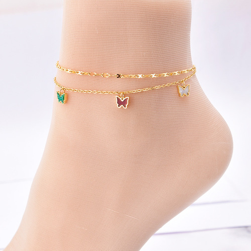 Korean version of the new anklet color shell multi-butterfly anklet pendant titanium steel 18k gold non-fading double-layer chain