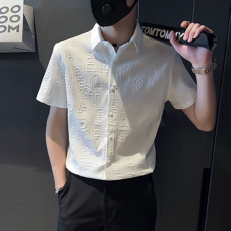 Short-Sleeved Shirt for Men in Summer, Thin Ice Silk, No-Iron Treatment, Slim Fit Men's Clothing, Trendy, Handsome, Business Casual, No-Iron Treatment