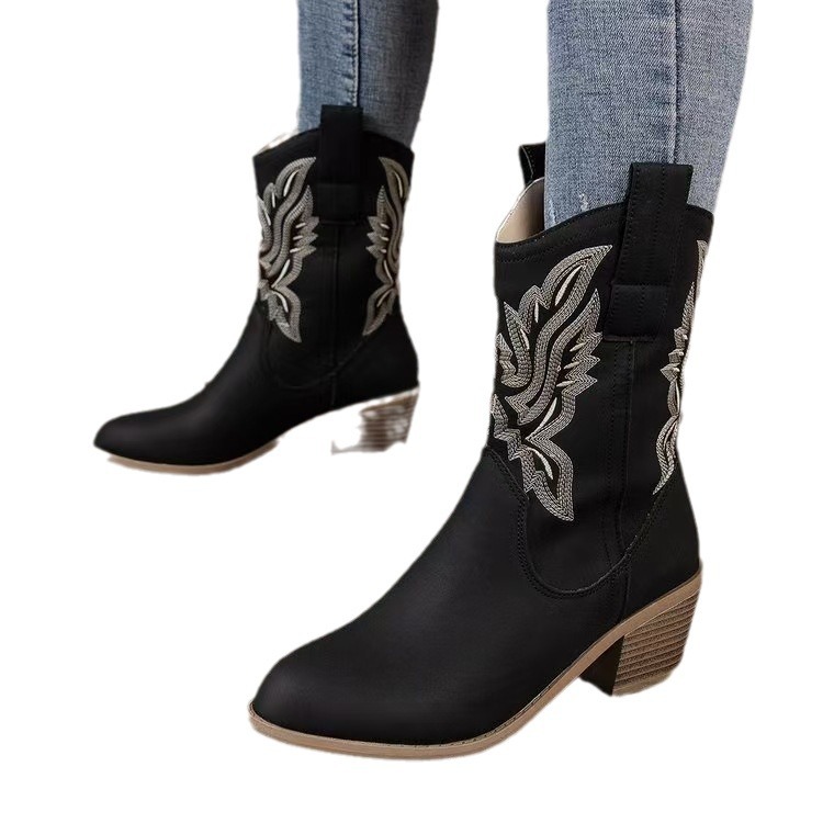 Autumn and winter new round head V-mouth thick heel boot_voghion.com