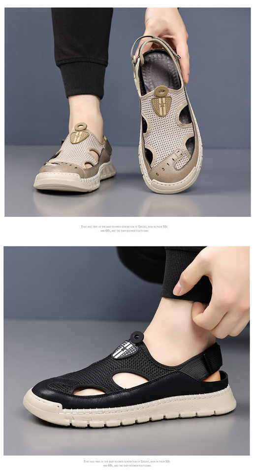 Giày sandal nam thân lưới dệt thoáng khí khoét lỗ, khóa dán, kiểu bao đầu, đi học và đi chơi mùa hè — Màu kaki, màu đen chi tiết 18