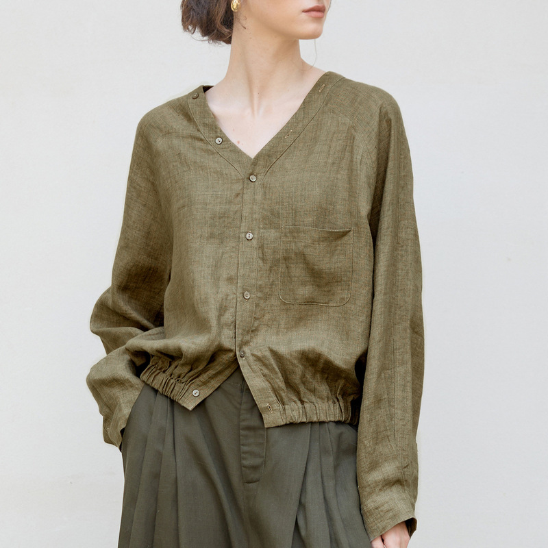 Spring New All-Linen V-Neck Raglan Long-Sleeve Shirt with Yarn-Dyed Craftsmanship + Loose Cocoon-Shaped Design Old Money Style Shirt